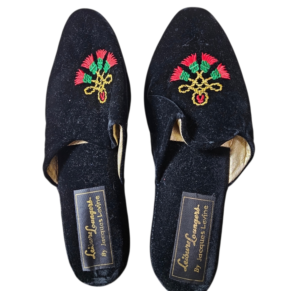 Jacques Levine Holiday Ornament Black Embroidered Split‎ Leather Sole Slippers 9
